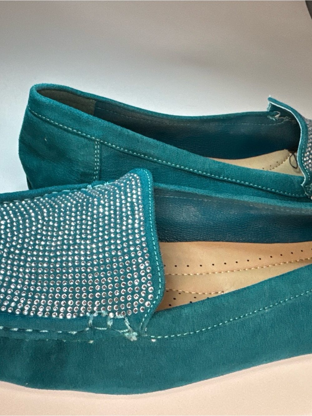 Teal Suede Rhinestone Loafers - Women